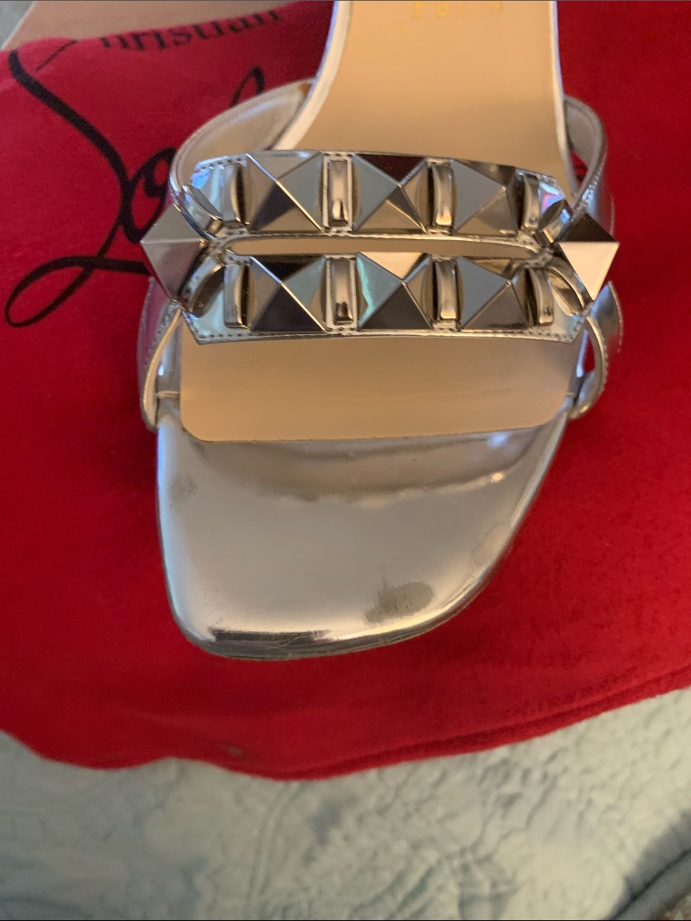 Christian Louboutin Metallic Silver Studded Block Heel Sandals - Picture 5 of 5